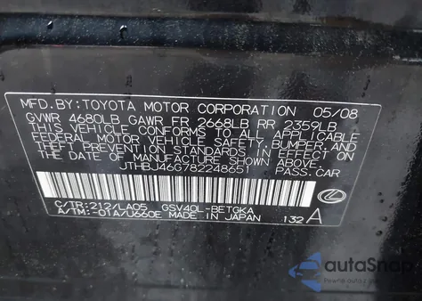 2008 Lexus Es 350 z USA, uszkodzony, nr VIN JTHBJ46G782248651